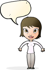 cartoon woman shrugging shoulders with speech bubble