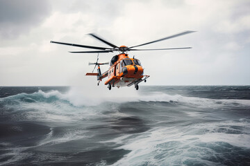 Fototapeta premium Search and rescue operation in sea. Emergency rescue helicopter flies over sea surface, looking for victims after crash. Created with Generative AI