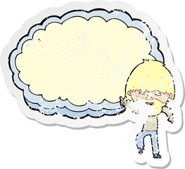 retro distressed sticker of a cartoon man pointing at text cloud space