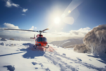 Fototapeta na wymiar Search and rescue operation in mountains. Medical rescue helicopter landing in snowy mountains. Created with Generative AI