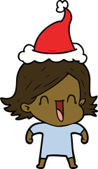 line drawing of a happy woman wearing santa hat