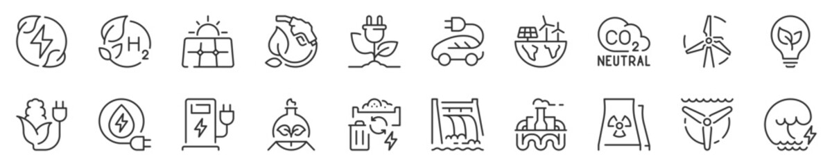 Green energy and ecology concepts. Thin line icon set. Symbol collection in transparent background. Editable vector stroke. 512x512 Pixel Perfect.