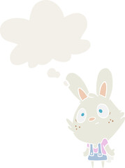 cartoon rabbit shrugging shoulders and thought bubble in retro style