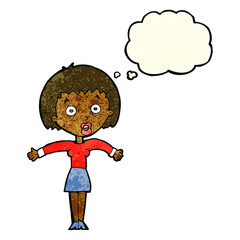 cartoon woman shrugging shoulders with thought bubble