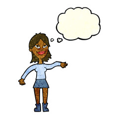 cartoon woman making hand gesture with thought bubble