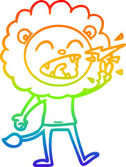 rainbow gradient line drawing cartoon roaring lion