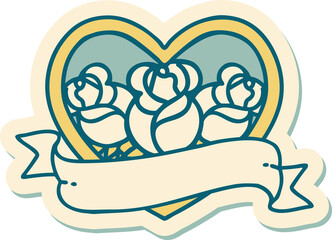 tattoo style sticker of a heart and banner with flowers