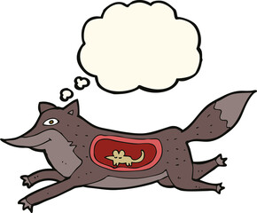 cartoon wolf with mouse in belly with thought bubble