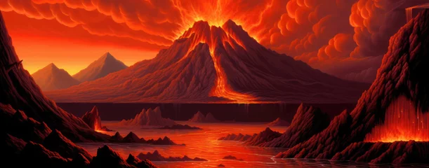 Vlies Fototapete Rot  violett Searing hot landscape of volcanoes and ever burning brimstone hell, otherworldly fiery sun that never sets over this apocalyptic oceans of lava damned realm - generative AI