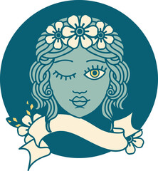 icon with banner of a maidens face winking
