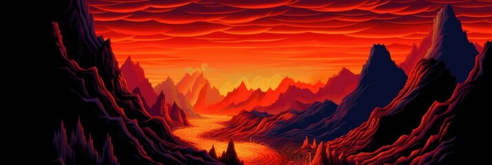 Searing hot landscape of volcanoes and ever burning brimstone hell, otherworldly fiery sun that never sets over this apocalyptic oceans of lava damned realm - generative AI