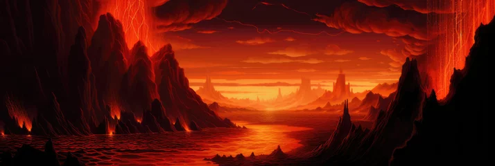 Searing hot landscape of volcanoes and ever burning brimstone hell, otherworldly fiery sun that never sets over this apocalyptic oceans of lava damned realm - generative AI