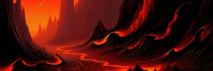Vlies Fototapete Rot  violett Searing hot landscape of volcanoes and ever burning brimstone hell, otherworldly fiery sun that never sets over this apocalyptic oceans of lava damned realm - generative AI
