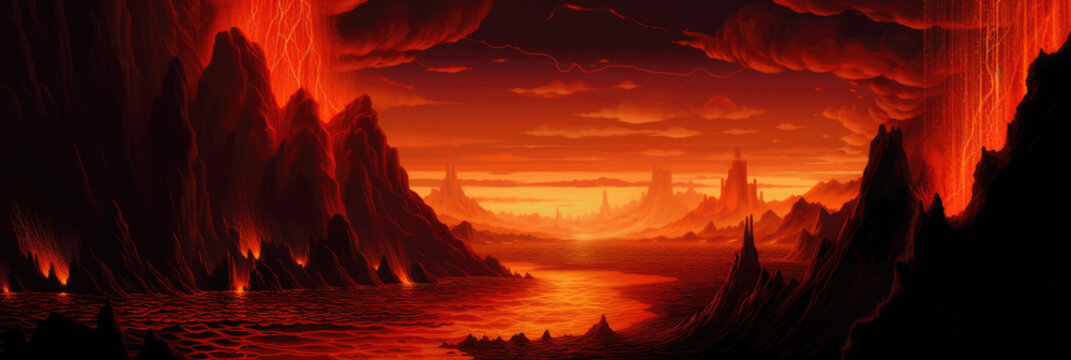 Searing hot landscape of volcanoes and ever burning brimstone hell, otherworldly fiery sun that never sets over this apocalyptic oceans of lava damned realm - generative AI