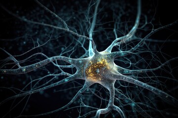 Realistic brain neurons are energized with the electric charge on a dark background. Active nerve cell concept. Human neural system 3D illustration. 3D brain cells with charged neurons. Generative AI.
