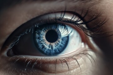 A realistic and detailed human blue eye with eyelash and eyebrow. Detailed human eye close-up. Realistic blue eye with detailed blue retina. Human eye with body hairs and eyelash. Generative AI.