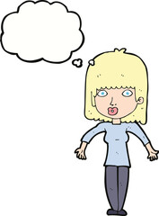 cartoon woman shrugging with thought bubble