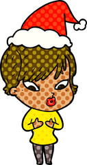 comic book style illustration of a woman wearing santa hat