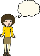 cartoon woman shrugging shoulders with thought bubble