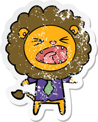 distressed sticker of a cartoon lion in business clothes