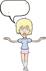 cartoon woman shrugging shoulders with speech bubble