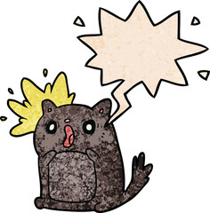cartoon shocked cat amazed and speech bubble in retro texture style