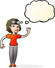 cartoon pilot woman waving with thought bubble