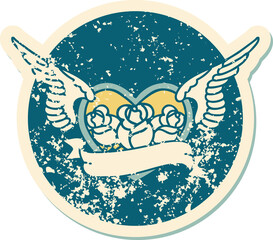 distressed sticker tattoo style icon of a flying heart with flowers and banner