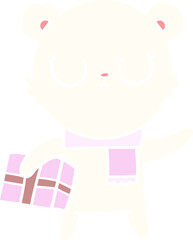 peaceful flat color style cartoon polar bear with christmas gift