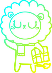 cold gradient line drawing cartoon lion with christmas present