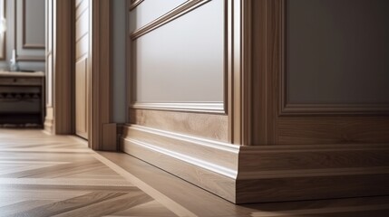 house detail design wooden floor and wall moulding treatment detail daytime, image ai generate