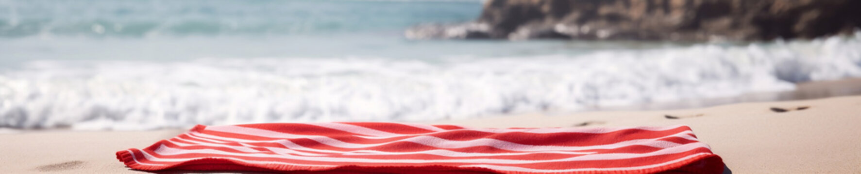 Red towel on beach and free space for your decoration. Generative AI.