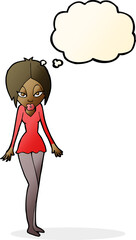 cartoon woman in short dress with thought bubble