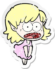 distressed sticker of a cartoon shocked elf girl
