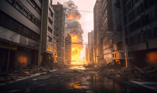 Ruined city with explosions and fire at backdrop. War and decay concept. Generative AI.