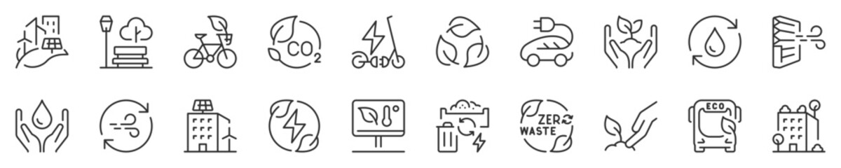 Line icons about green city. Sustainable development. Thin line icon set. Symbol collection in transparent background. Editable vector stroke. 512x512 Pixel Perfect.