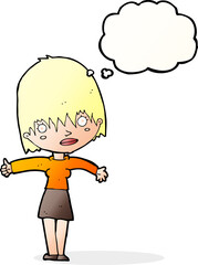 cartoon curious woman with thought bubble