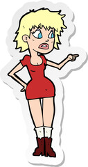 sticker of a cartoon worried woman in dress pointing
