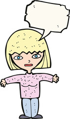 cartoon woman with open arms with speech bubble