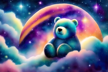 Obraz na płótnie Canvas Teddy Bear Sleeping in a Colorful Galaxy Nebula. Generative AI. 
