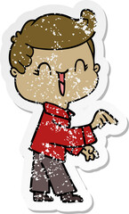 distressed sticker of a cartoon laughing boy pointing