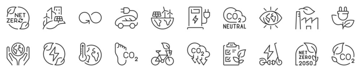 Line icons about net zero. Sustainable development. Thin line icon set. Symbol collection in transparent background. Editable vector stroke. 512x512 Pixel Perfect.