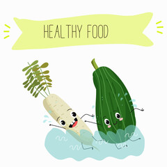 Illustration with funny characters zucchini, squash, courgette, legs, joy, marrow,
daikon. Funny and healthy food. Vitamins, cute face food, ingredients, vegetarian, vector cartoon, agriculture, raw.