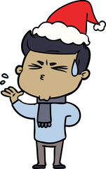 line drawing of a man sweating wearing santa hat