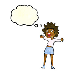 cartoon frightened woman with thought bubble