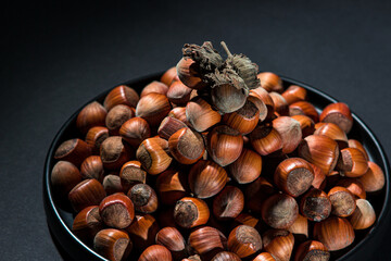 A bunch of hazelnuts on a black background. Nature hazelnuts in shell