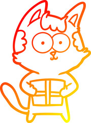 warm gradient line drawing happy cartoon cat with present