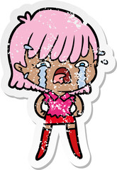 distressed sticker of a cartoon girl crying
