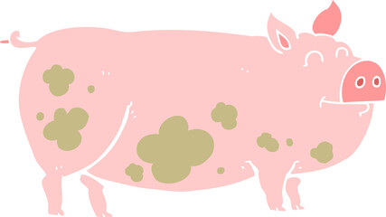 flat color illustration of a cartoon muddy pig