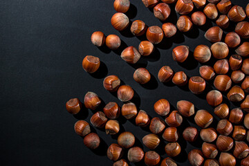 Hazelnuts on a black background. Natural hazelnuts in shell